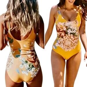 Albion Natalie Gold Peony Floral One Piece Swimsuit Shoulder Ties Cottage Beach
